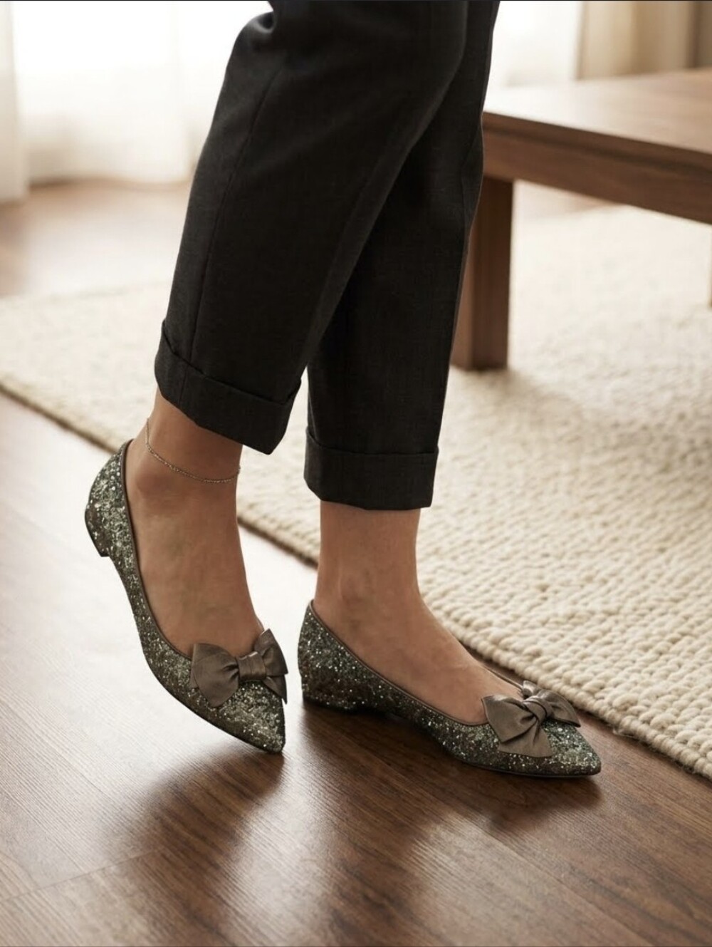 Miu Miu silver glitter bow pointy toe flats